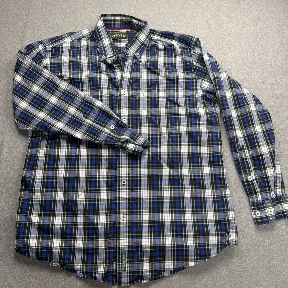 Orvis Mens Blue Plaid Heritage Wash Button Down Shirt Large L Long Sleeve